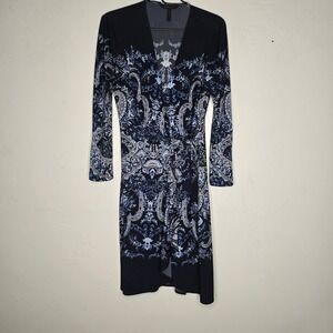 BCBG Hazel Navy Blue Paisley Wrap Dress Long Sleeve V-Neck Boho L